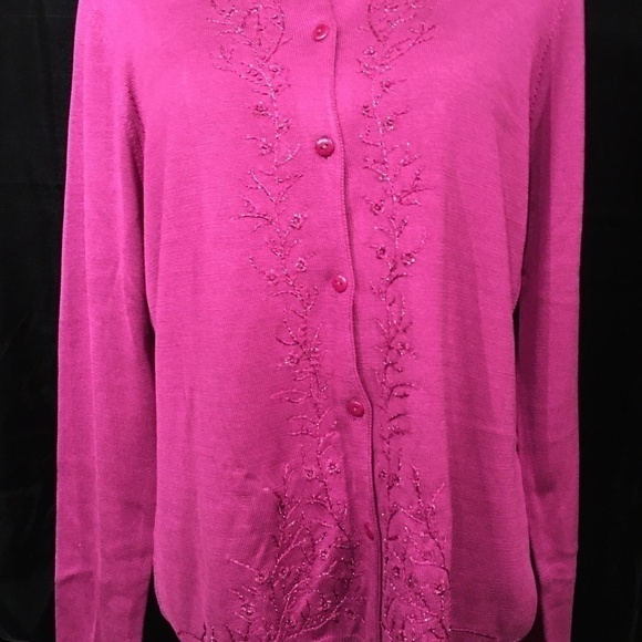 LINDA ALLARD ELLEN TRACY Beaded Cardigan, MAGENTA, Women’s Size Large - Picture 1 of 9